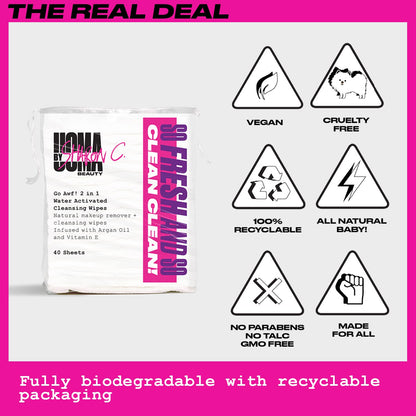 UOMA by Sharon C. Face Wipes - Go Awf 2 in 1 Water Activated Makeup Wipes. Biodegradable Cotton Pads, Face Cleansing Wipes Makeup Remover. Facial Wipes with Argan Oil + Vitamin E. 40 Make Up Wipes