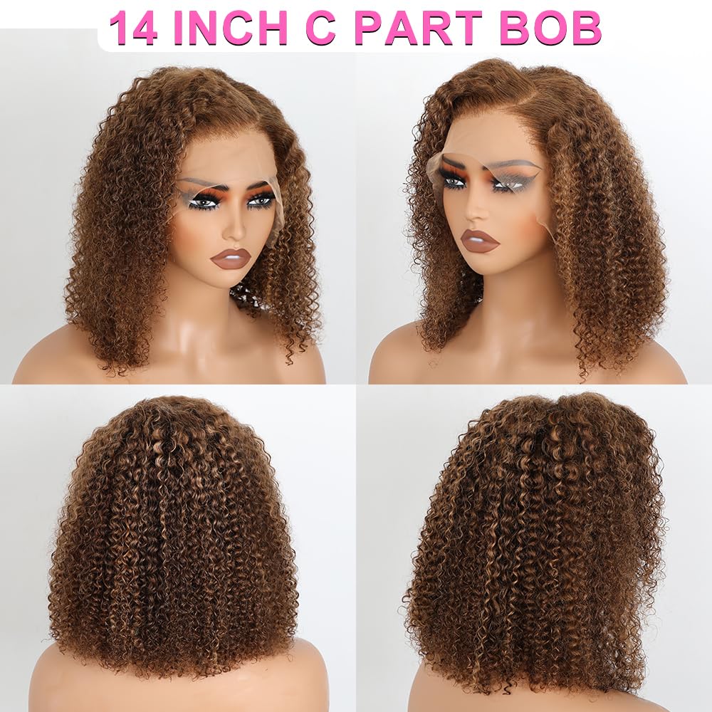 BLY Hihglight Afro Kinky Curly Bob Wigs C Part 13x6 HD Lace Front Wig 14 Inch Pre Plucked Thick Short Curly Bob Hair 4/27 Ombre Colored Wig for Women 180 Density