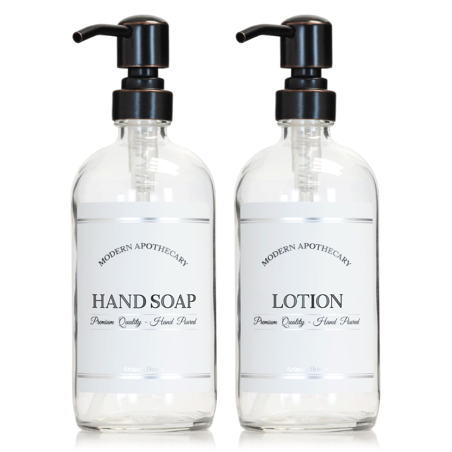 Artanis Home Clear Refillable Hand and Lotion Dispenser Set with Pumps for Kitchen, Bathroom Sink - Glass Boston Round Bottles - Waterproof Labels - 16 oz - 2 Pack