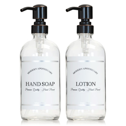 Artanis Home Clear Refillable Hand and Lotion Dispenser Set with Pumps for Kitchen, Bathroom Sink - Glass Boston Round Bottles - Waterproof Labels - 16 oz - 2 Pack