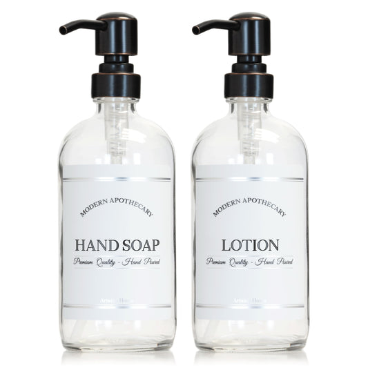 Artanis Home Clear Refillable Hand and Lotion Dispenser Set with Pumps for Kitchen, Bathroom Sink - Glass Boston Round Bottles - Waterproof Labels - 16 oz - 2 Pack