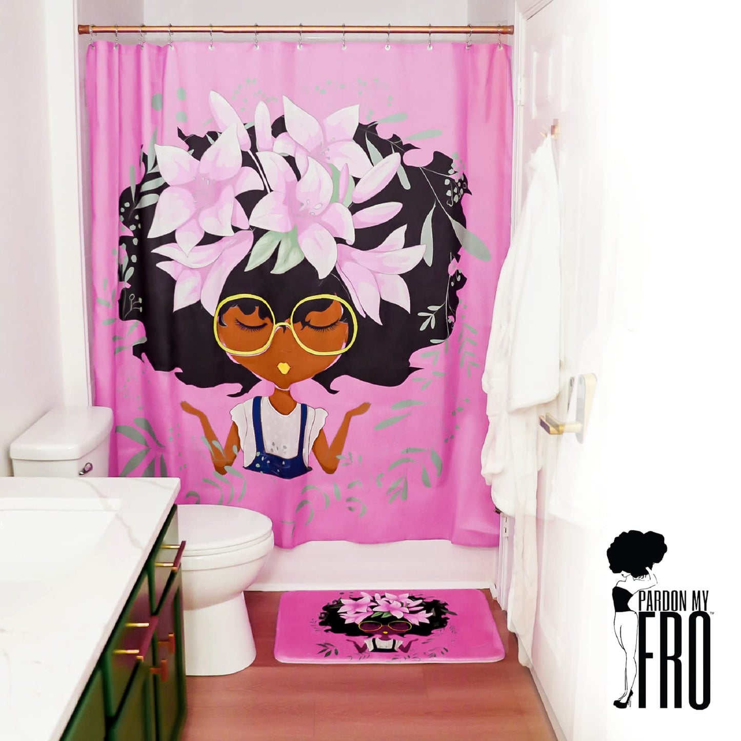 Pardon My Fro Lily Shower Curtain - 100% Polyester Fabric Shower Curtains with Print - Hotel & Home One Piece Hookless Shower Curtains w/ 12 Grommets, Chic Style Bathroom Curtain (Pink 71"×71")