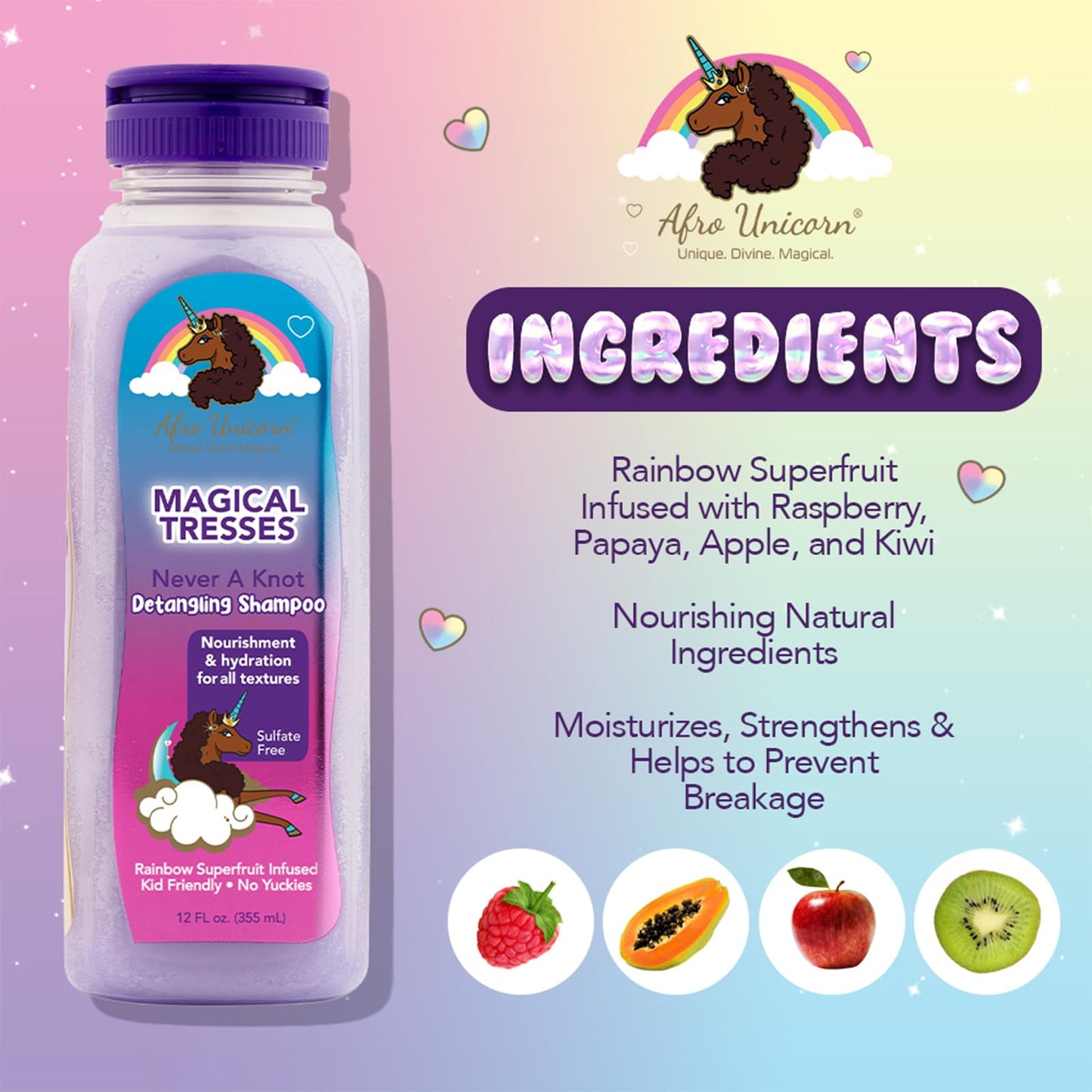 MAGICAL TRESSES Afro Unicorn Wavy, Coily, and Curly Hair Shampoo - Defining, Taming, Softening, and Moisturizing Hair Care - Moisturizing Shampoo With Raspberry Extract