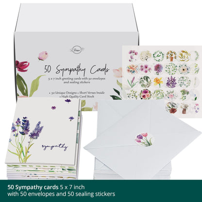 Dessie 50 Different Sympathy Cards With Greetings Inside. 5x7 Inch 50 Condolence Cards With Crisp Designs, Envelopes And Matching Floral Sealing Stickers