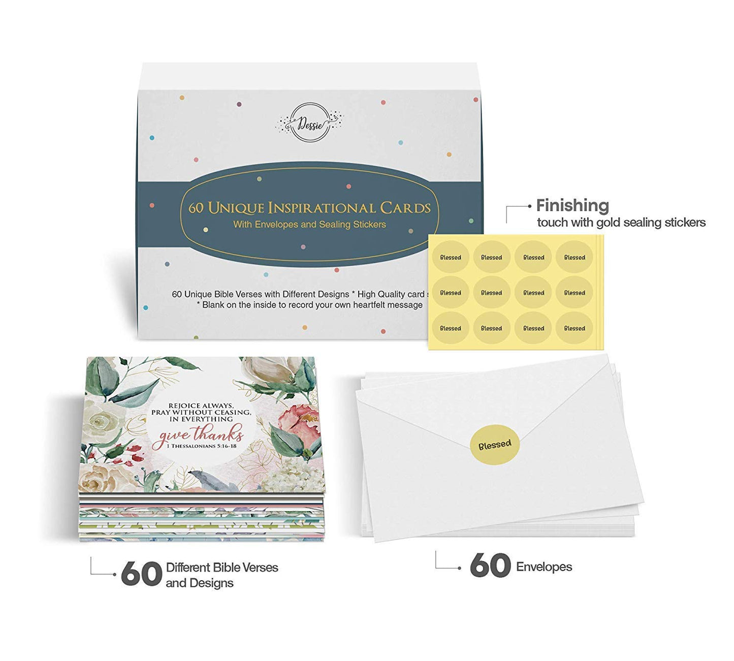 Dessie 60 Unique Bible Verse Cards With Envelopes and Gold Seals. Scripture Cards With 60 Different Designs and Inspirational Bible Verses. Christian Greeting Cards Assortment.