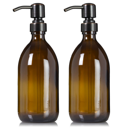 Artanis Home Refillable Amber Glass Dish Hand Soap Lotion Dispenser 16 oz, 2-Pack – Apothecary Bottle with Oil Rubbed Bronze Pump