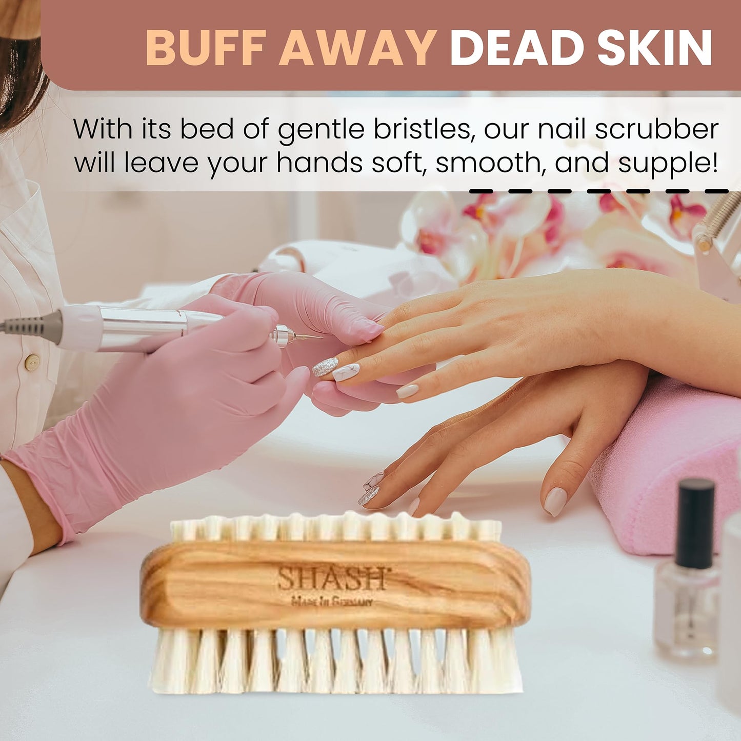 Since 1869 Hand Made in Germany - Natural 100% Natural Boar Bristle Nail Brush - Gently Removes Dirt and Grime for Clean Hands - Exfoliates Skin for Soft, Smooth Texture, Wood (Olive)