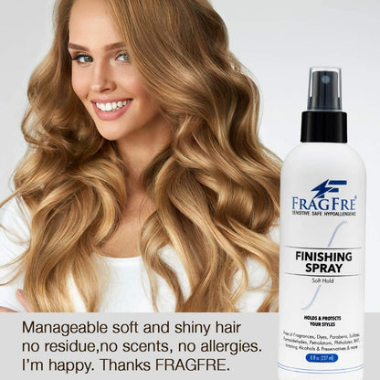 FRAGFRE Hair Finishing Spray 8 oz - Flexible Soft Hold - Hair Spray for Sensitive Skin - Fragrance Free Hypoallergenic Parabens Free - Non Irritating Quick Dry Denatured Alcohol - Gluten Free Vegan