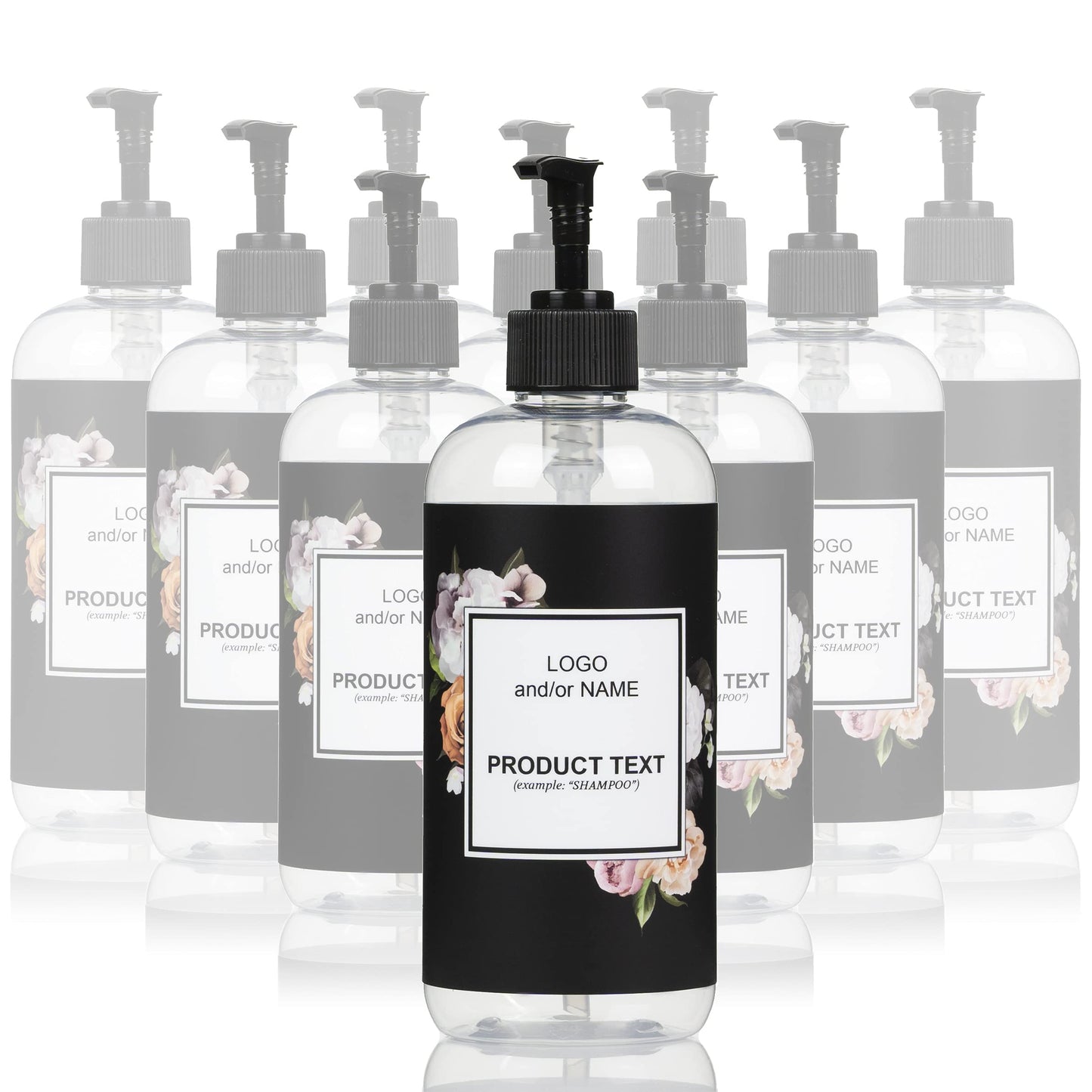 Artanis Home 10-Pack Customized PET Plastic Refillable Pump Bottles with Black Floral Design Waterproof Labels and Black Pumps, Clear