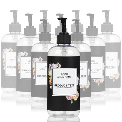 Artanis Home 10-Pack Customized PET Plastic Refillable Pump Bottles with Black Floral Design Waterproof Labels and Black Pumps, Clear