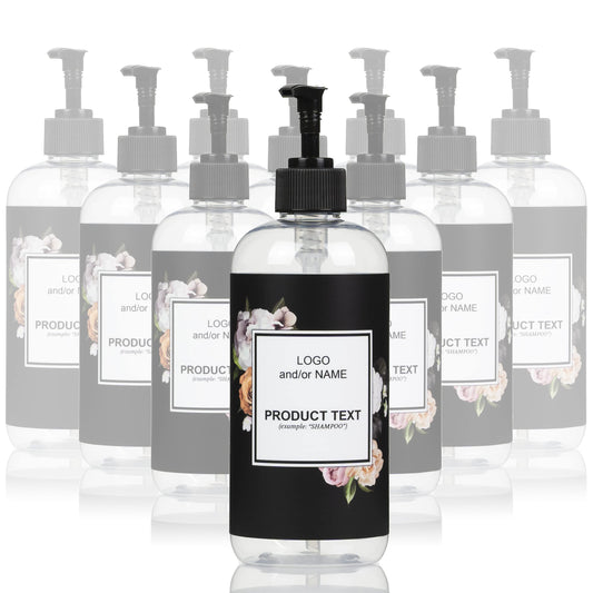 Artanis Home 10-Pack Customized PET Plastic Refillable Pump Bottles with Black Floral Design Waterproof Labels and Black Pumps, Clear