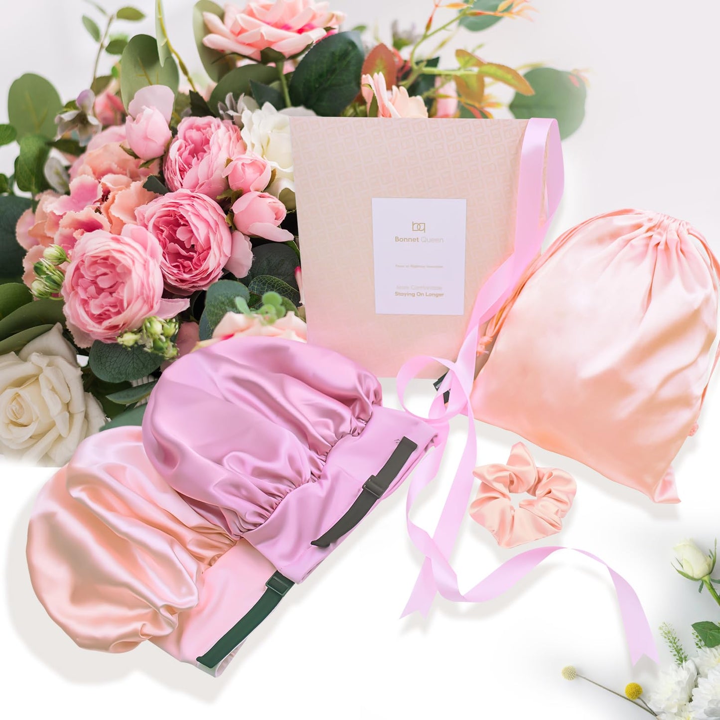 BONNET QUEEN Silk Bonnet for Sleeping Women Satin Bonnet Hair Bonnet Adjustable Hair Bonnet Night Sleep Cap Jade+Pink