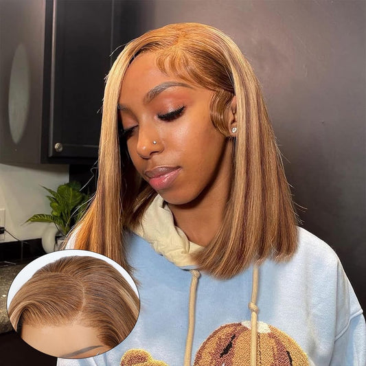 BLY C Part 13x6 HD Lace Front Bob Wigs 12 Inch Highlight Human Hair Wigs Pre Plucked Short Straight Bob Hair 4/27 Ombre Colored Wig for Women