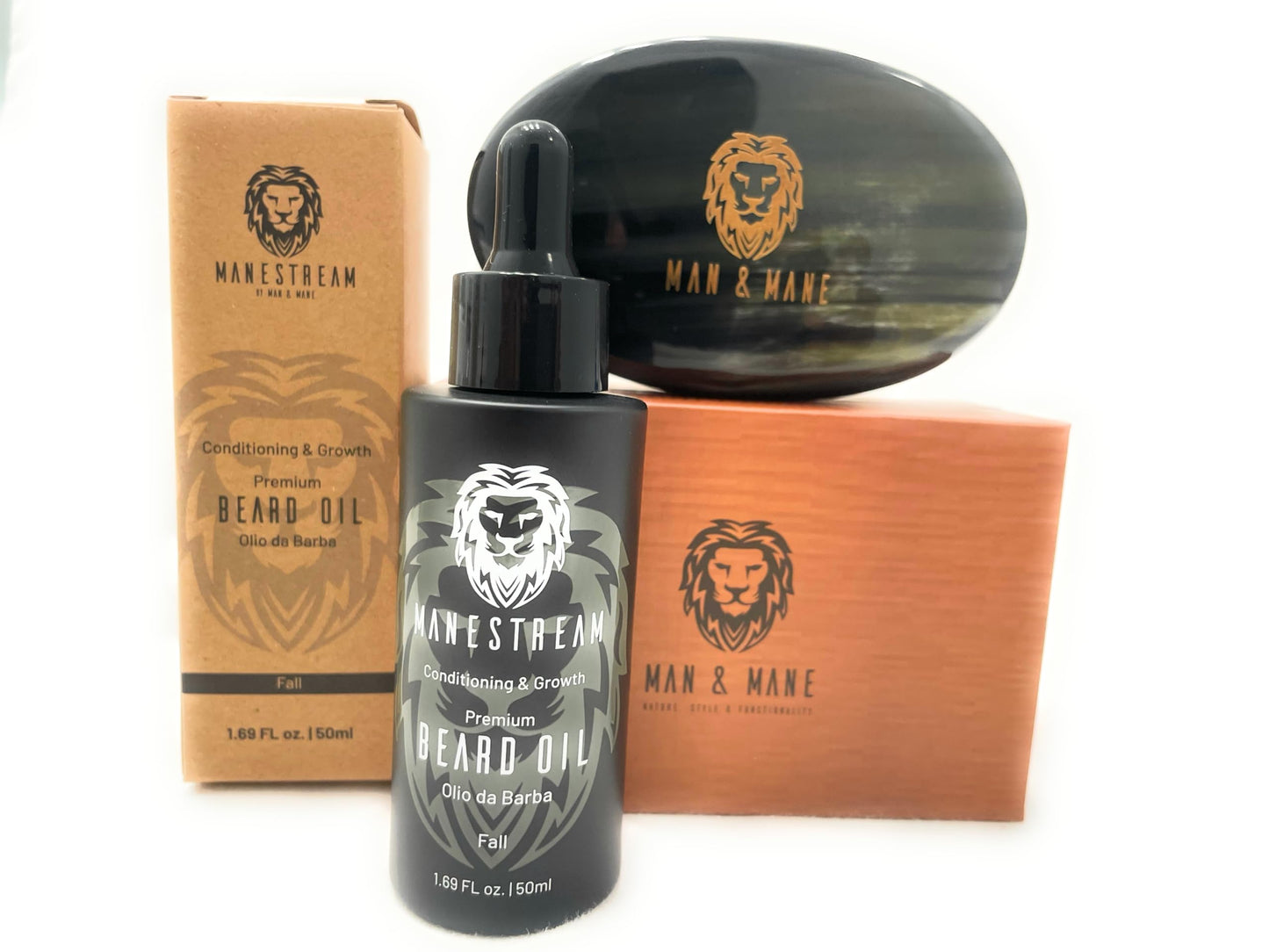 Premium Handmade Oxhorn Military Style Medium Stiff Natural Boar Bristle Men’s with Beard Oil - Sandalwood