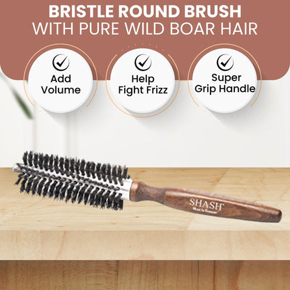 Since 1869 Hand Made In Germany Professional Series Boar Bristle Round Brush - Add Volume, Help Fight Frizz - Super-Grip Handle for Easy Styling - Eco-Sour (Small)