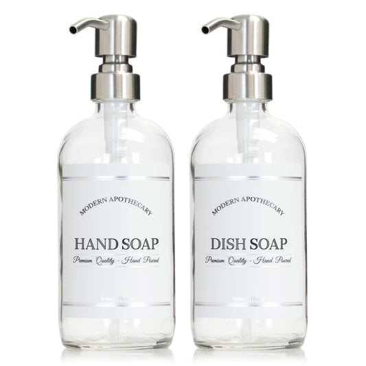 Artanis Home Clear Refillable Hand and Dish Soap Dispenser Set with Pumps for Kitchen Sink - Glass Boston Round Soap Bottles - Waterproof Labels - 16 oz - 2 Pack