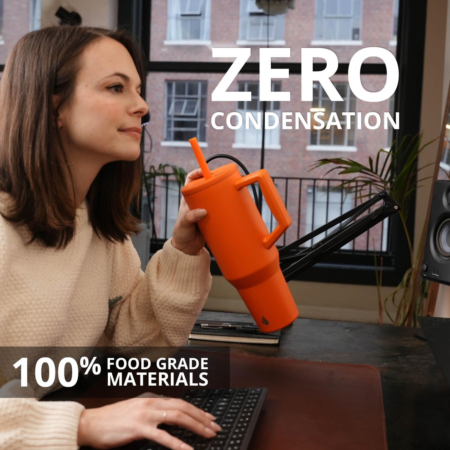 Elemental 40 oz Tumbler with Handle and Straw - Spill Proof Insulated Stainless Steel Commuter for Hot and Cold Beverages - Travel Coffee Mug with 2 Straws & Spill Proof Lid - 40oz - Orange