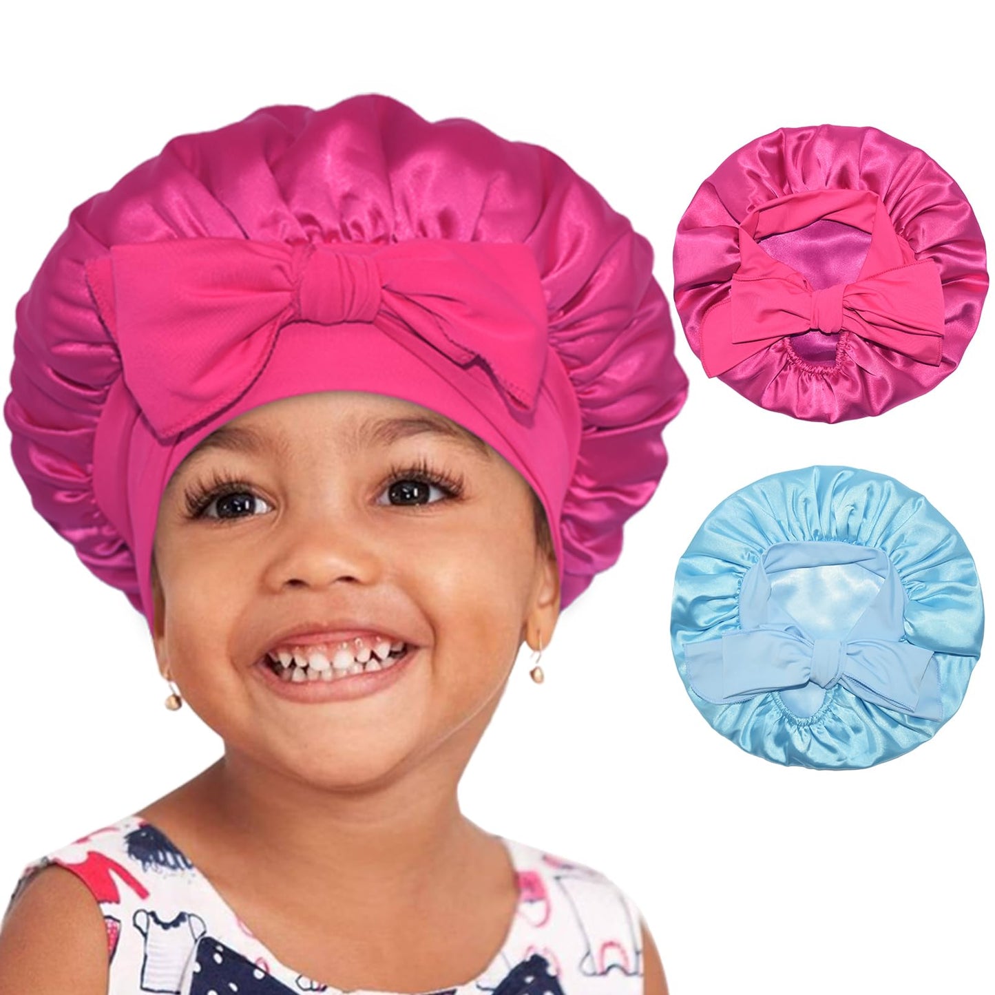 BONNET QUEEN Baby Bonnet Kids Bonnet Double Layer Silk Bonnet for Sleeping Satin Bonnet Adjustable Silk Hair Wrap with Tie Band 2Pcs 6-12 Months Hot Pink+Light Blue