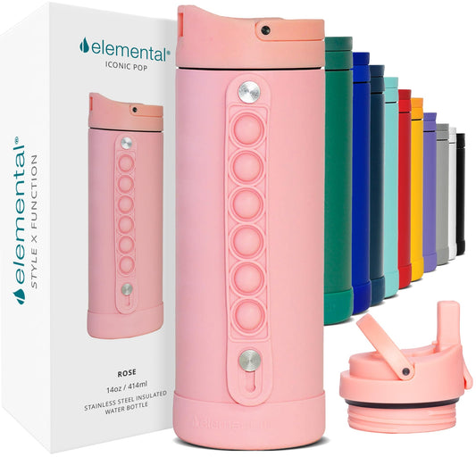 Elemental Iconic Kids Water Bottle with Straw Lid & Stress Relief Pop It Handle, Leak-Proof When Closed, Triple Insulated Kids Stainless Steel Water Bottle For Girls and Boys, 14oz - Rose