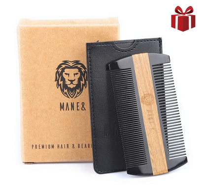 Premium Natural Ox horn and Sandalwood Beard Comb Dual-Action | Double Sided Beard & Mustache Comb with Black Protective Case | Perfect Grooming Companion & Gift for Men – by Man & Mane