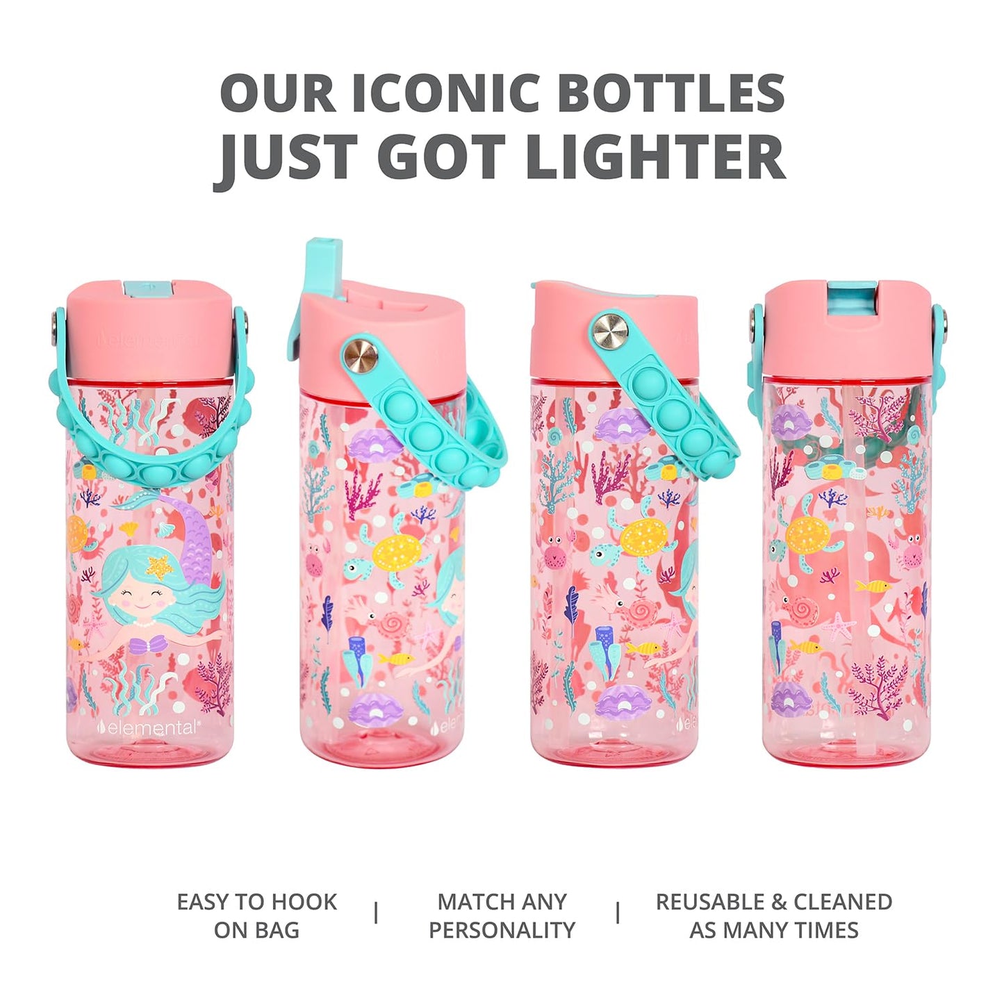 Elemental Leak Proof Water Bottles for Kids - Splash Kids Water Bottle for School with Pop-it Handle - Tritan Plastic Water Bottle with Straw - Mermaid & Robin's Egg - 18oz (2 Pack)