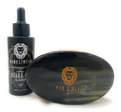 Premium Handmade Oxhorn Military Style Medium Stiff Natural Boar Bristle Men’s with Beard Oil - Sandalwood