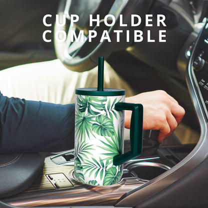 Elemental 40oz Tumbler with Handle and Straw - Spill Proof Insulated Stainless Steel Commuter for Hot & Cold Beverages - Travel Coffee Mug with 2 Straws & Spill Proof Lid - 40 oz - Monstera