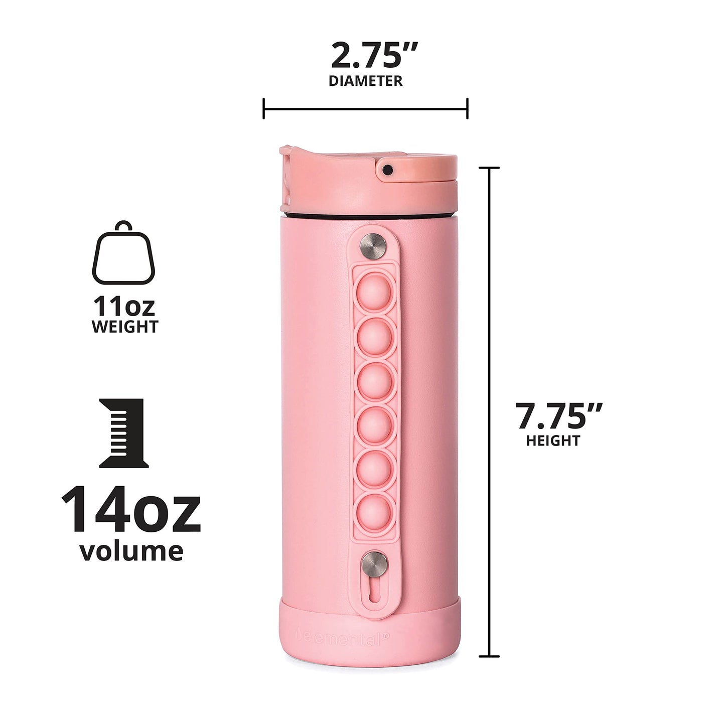 Elemental Iconic Kids Water Bottle with Straw Lid & Stress Relief Pop It Handle, Leak-Proof When Closed, Triple Insulated Kids Stainless Steel Water Bottle For Girls and Boys, 14oz - Rose