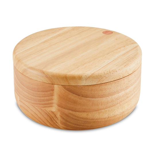 Ayesha Curry Kitchenware Pantryware Parawood Round Wooden Salt and Spice Box with Two Compartments, 17 Ounce, Brown