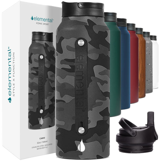 Elemental Iconic Stainless Steel Water Bottle with Straw - 32 oz Leak Proof Triple Wall Insulated Water Bottles for Travel and Sports - Reusable Gym Water Bottle with 2 Straws - Black Camo
