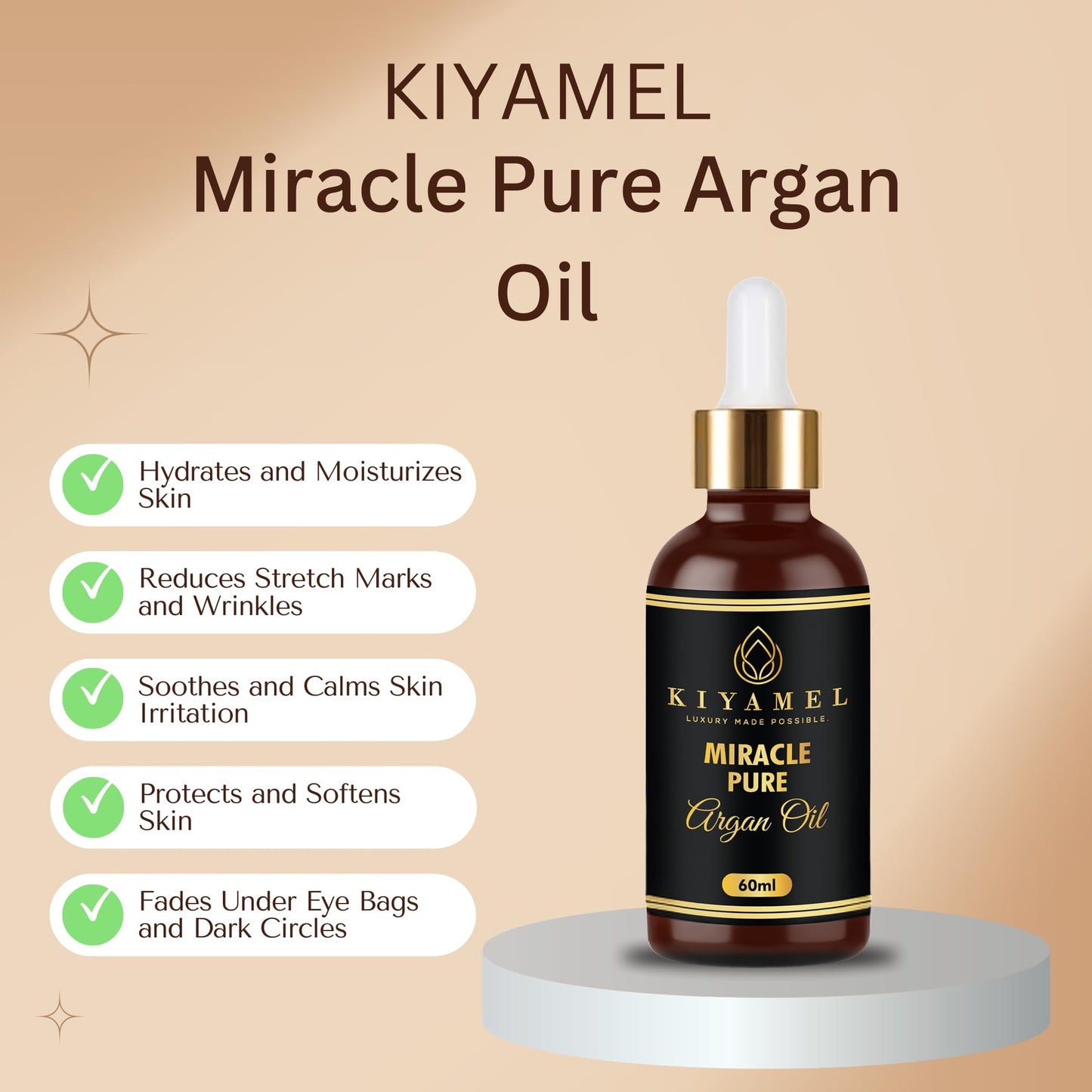 KIYAMEL Pure Argan Oil for Women and Men, Natural Skin Hydrating Vitamin E and Omega 6 Fatty Acids for Stretch Marks, Wrinkles, and Under Eye Bags, Paraben and Sulfate Free