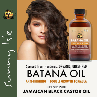 Sunny Isle Batana Oil Infused with Jamaican Black Castor Oil 4oz | Anti-Thinning Double Growth Formula