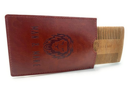 Premium Natural Green Sandalwood Dual-Action Beard Comb with Protective Case – the Perfect Beard & Mustache Grooming Companion & Gift for Men – by Man & Mane