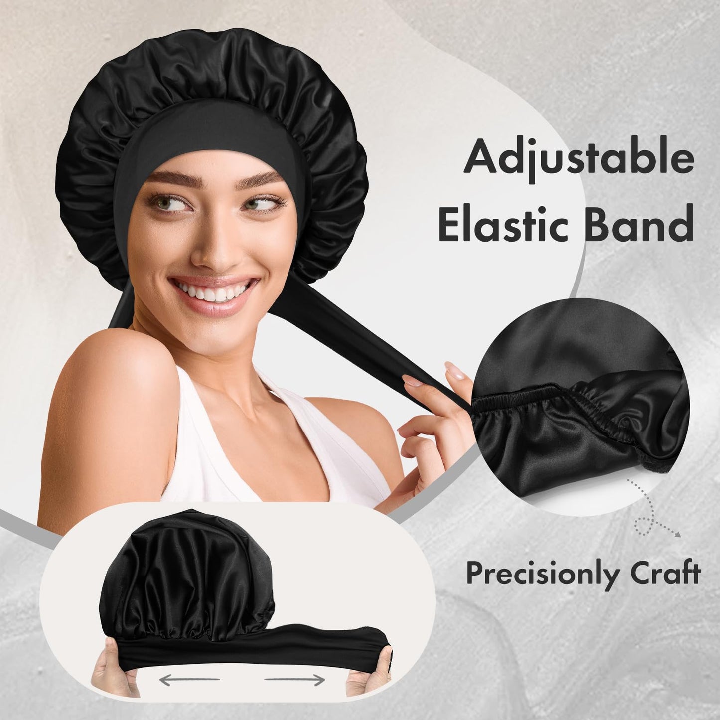 BONNET QUEEN Small Satin Bonnet Silk Bonnet for Sleeping Women Double Layer Reversible Hair Bonnet Adjustable Satin Lined Sleep Cap Wrap with Tie Band, Black