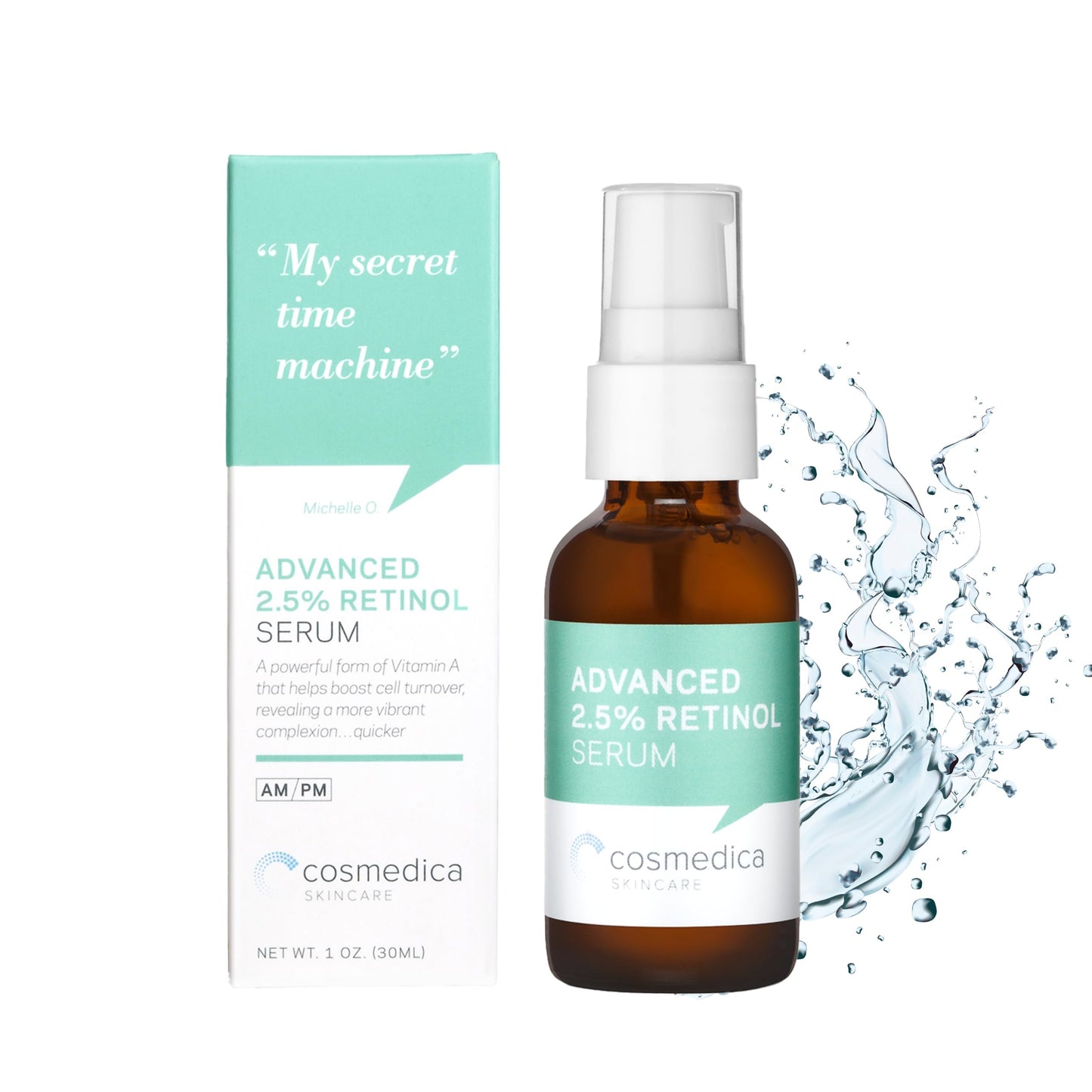 Cosmedica Skincare's Advanced 2.5% Retinol Serum w/Green Tea, Hyaluronic Acid & Vit E - Anti-Aging, Skin Revitalizing, Hydrating Serum for Fine Lines, Wrinkles, Discoloration, and Acne Scars, 1oz