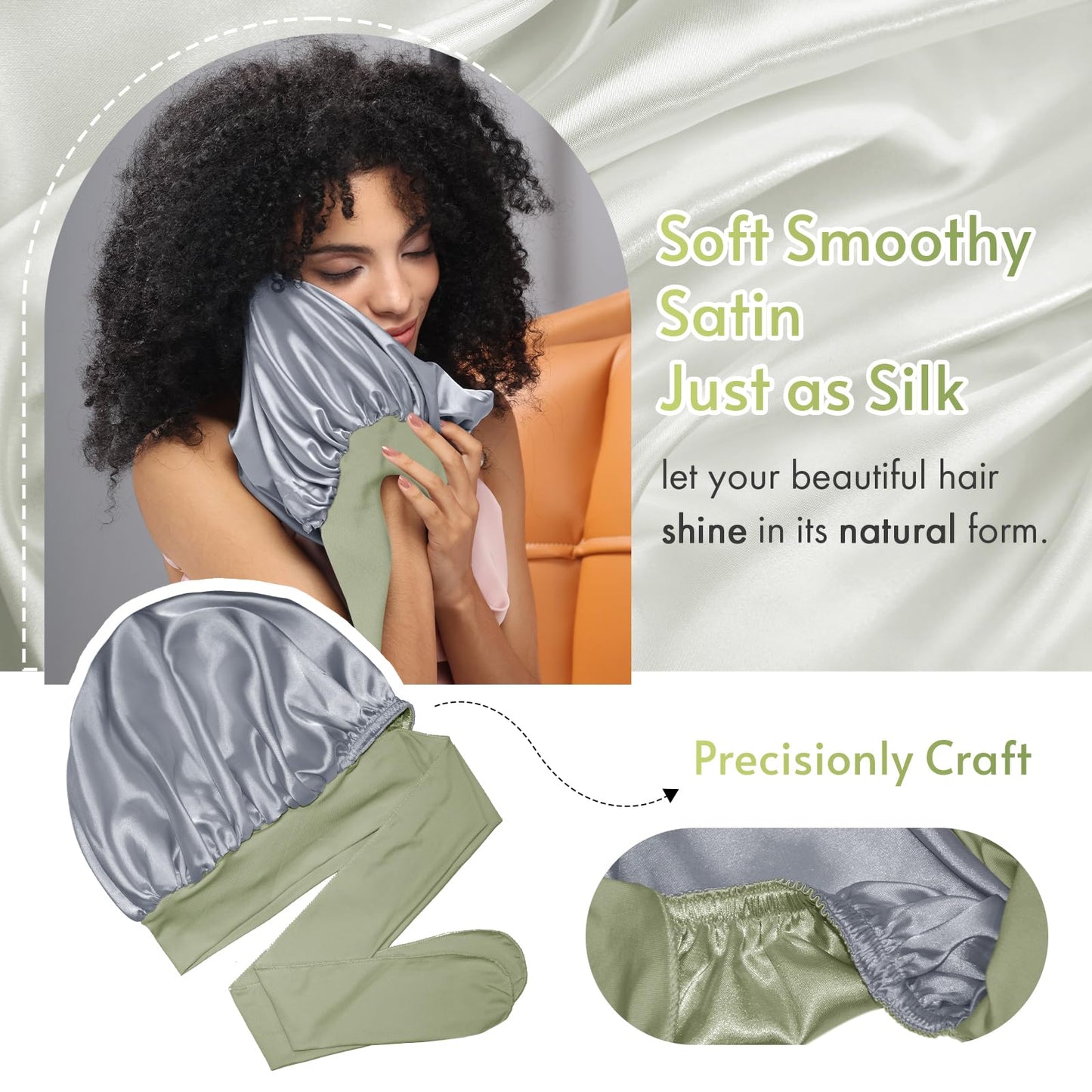 BONNET QUEEN Silk Bonnet for Sleeping Women Satin Bonnet with Eye Mask Non Slip Hair Bonnet for Curly Hair Night Sleep Cap Green+Green