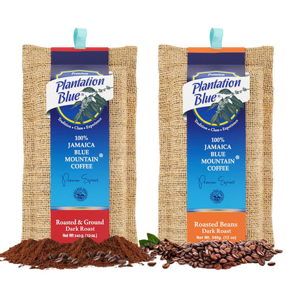 Plantation Blue 100% Jamaica Blue Mountain Coffee Dark Roasted (12oz Whole Beans & 12oz Ground)