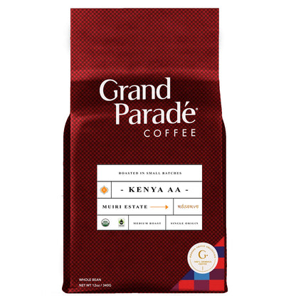 Grand Parade Coffee, 12oz Organic Kenya AA Medium Roast, Whole Bean, Fresh Roasted, Gourmet Single Origin - Fair Trade