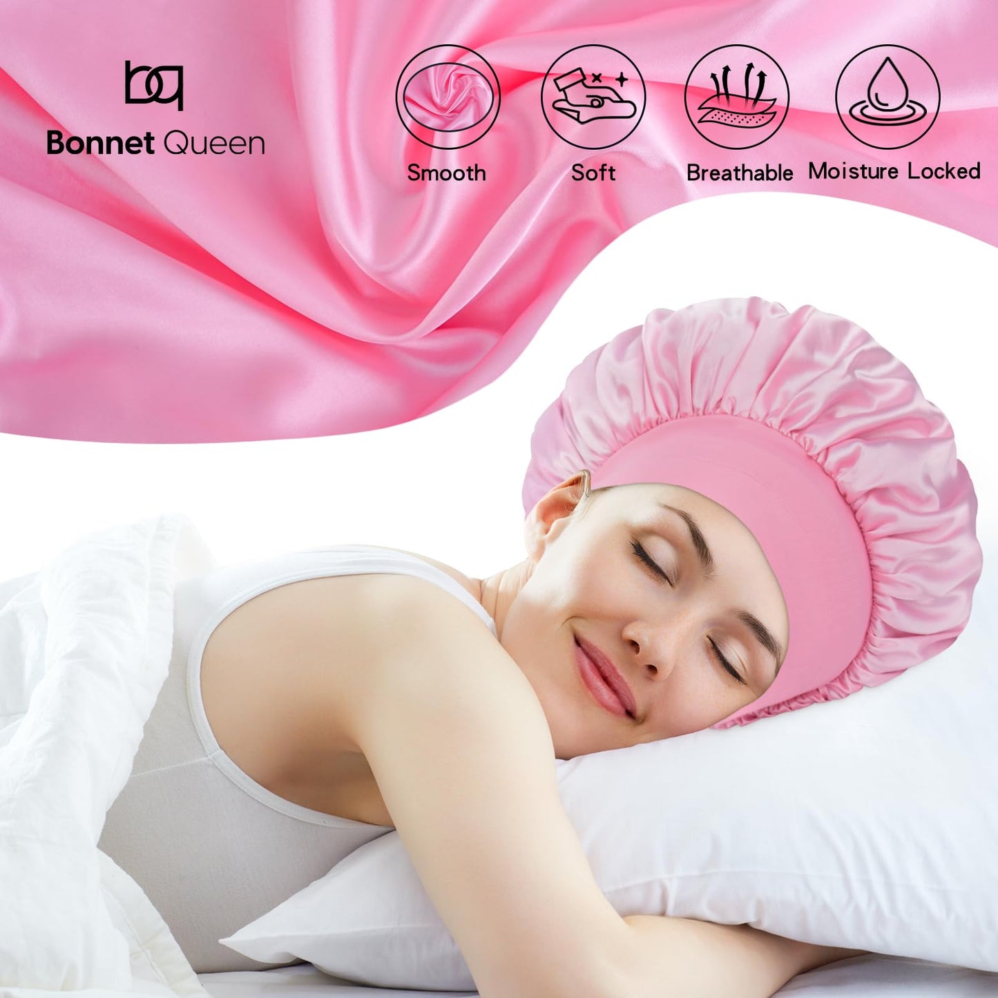 BONNET QUEEN Silk Bonnet for Sleeping Women Satin Bonnet Hair Bonnet Adjustable Hair Bonnet Night Sleep Cap Black+Pink Black+Pink