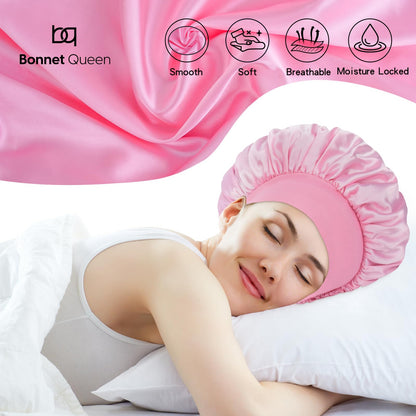 BONNET QUEEN Silk Bonnet for Sleeping Women Satin Bonnet Hair Bonnet Adjustable Hair Bonnet Night Sleep Cap Black+Pink Black+Pink