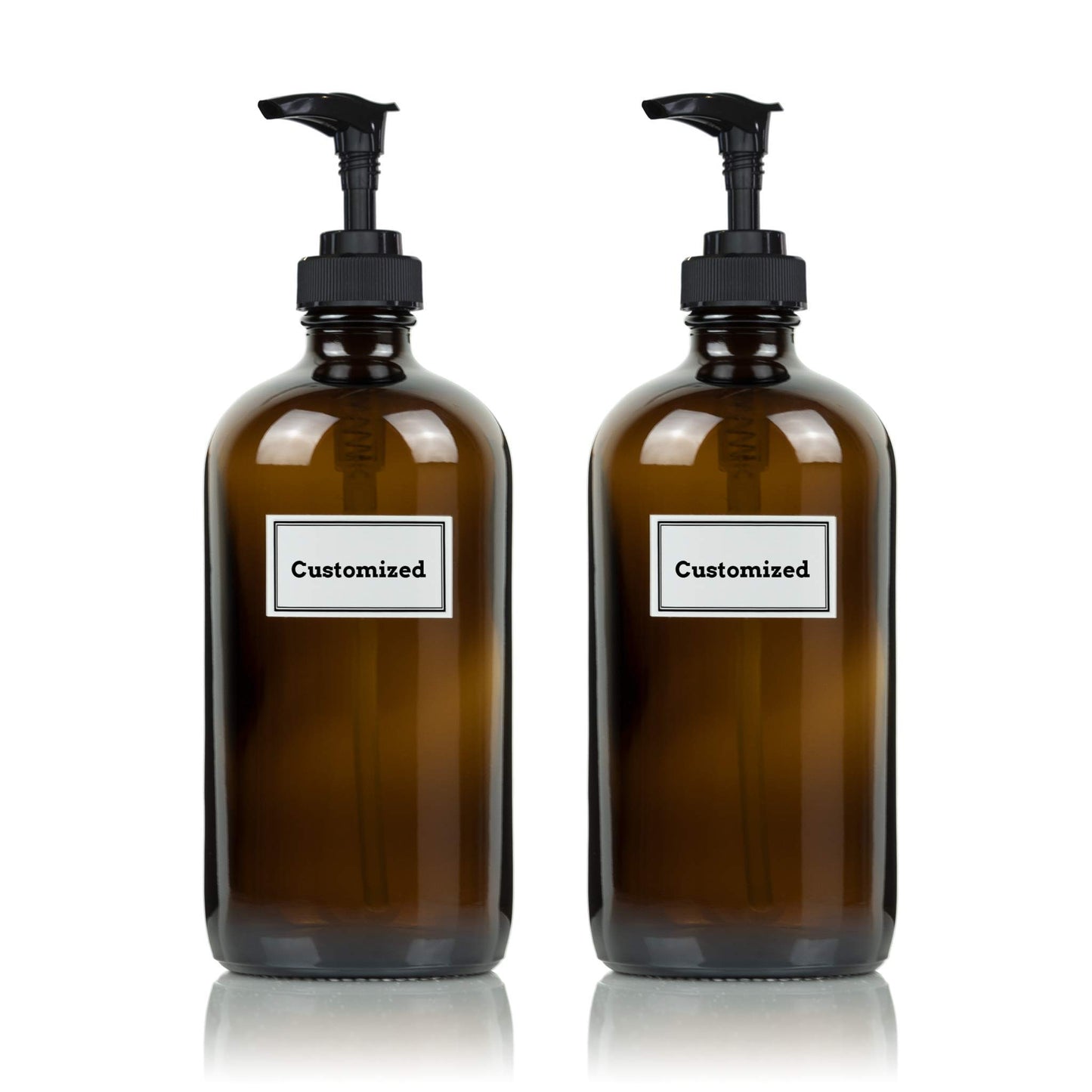 Artanis Home Glass Bottles Including Black Pumps + Customized Waterproof Labels, 16 oz. Boston Round 2-Pack, Amber