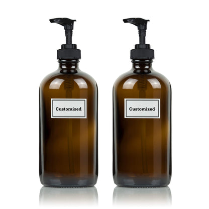 Artanis Home Glass Bottles Including Black Pumps + Customized Waterproof Labels, 16 oz. Boston Round 2-Pack, Amber