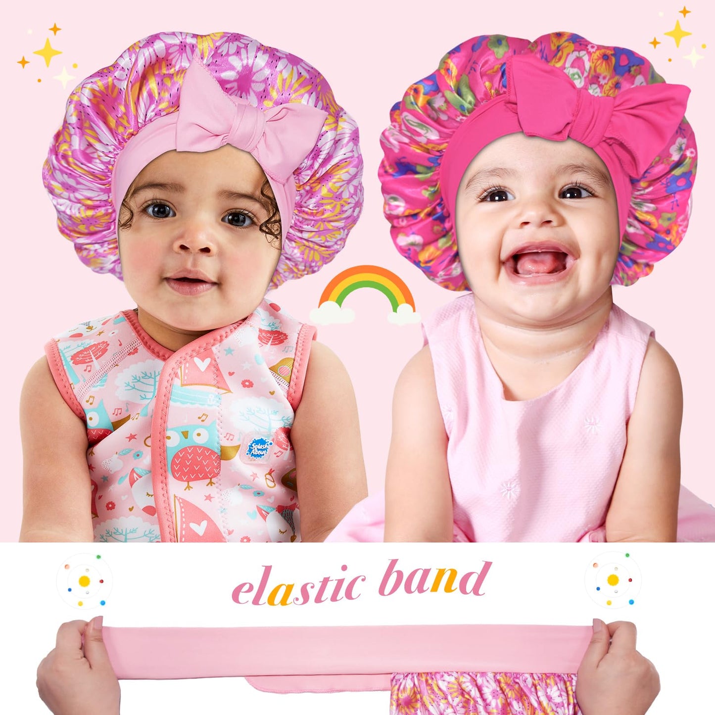 BONNET QUEEN Baby Bonnet 2Pcs Silk Bonnet Satin Hair Bonnet for Sleeping Silk Bonnet for Girls Night Hair Wrap with Tie Band 0~3 Years Hot Pink & Pink Floral