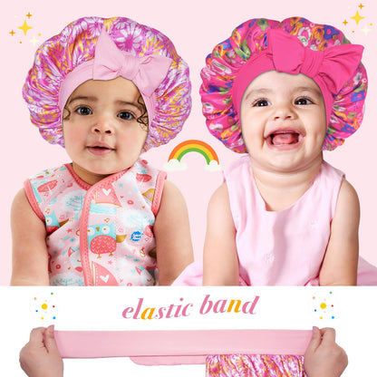 BONNET QUEEN Baby Bonnet 2Pcs Silk Bonnet Satin Hair Bonnet for Sleeping Silk Bonnet for Girls Night Hair Wrap with Tie Band 0~3 Years Hot Pink & Pink Floral