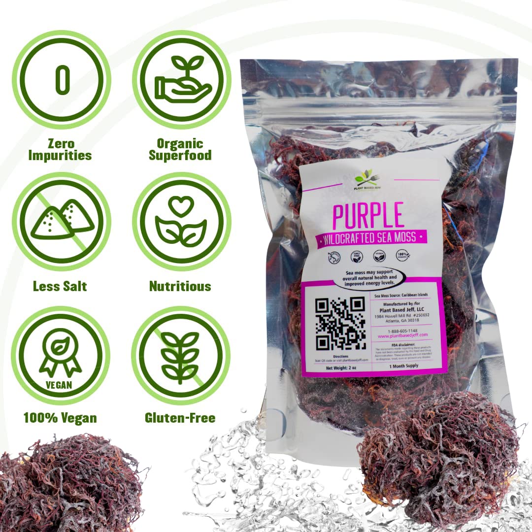 Plant Based Jeff Wildcrafted Purple Sea Moss, Hard to Find, Raw, Dried, and Natural Superfood, 2 OZ