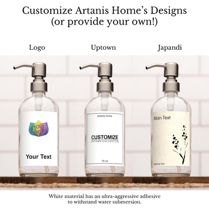 Artanis Home Customized Refillable Clear Glass Soap Dispenser Bottle, Personalized Label for Hand Soap, Dish Soap, Shampoo, etc., Pump Dispensers for Vacation Properties and Homes, Stainless Steel