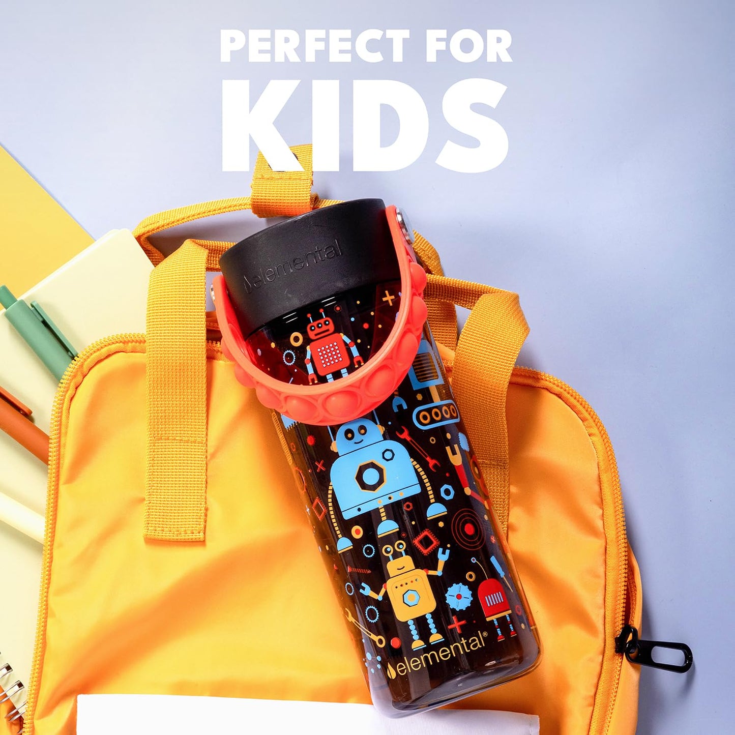 Elemental Leak Proof Water Bottles for Kids - Splash Kids Water Bottle for School with Pop-it Handle - BPA Free Tritan Plastic Reusable Water Bottle with Straw - Blue Robot - 18oz