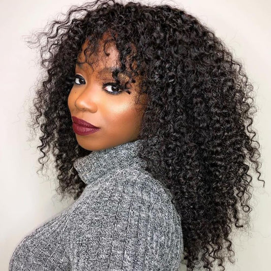 BLY Human Hair Kinky Curly Wig with Bangs 20 Inch Wear and Go Glueless Curly Wigs with Scalp Top Human Hair Wigs for Women 180 Density Natural Black Color