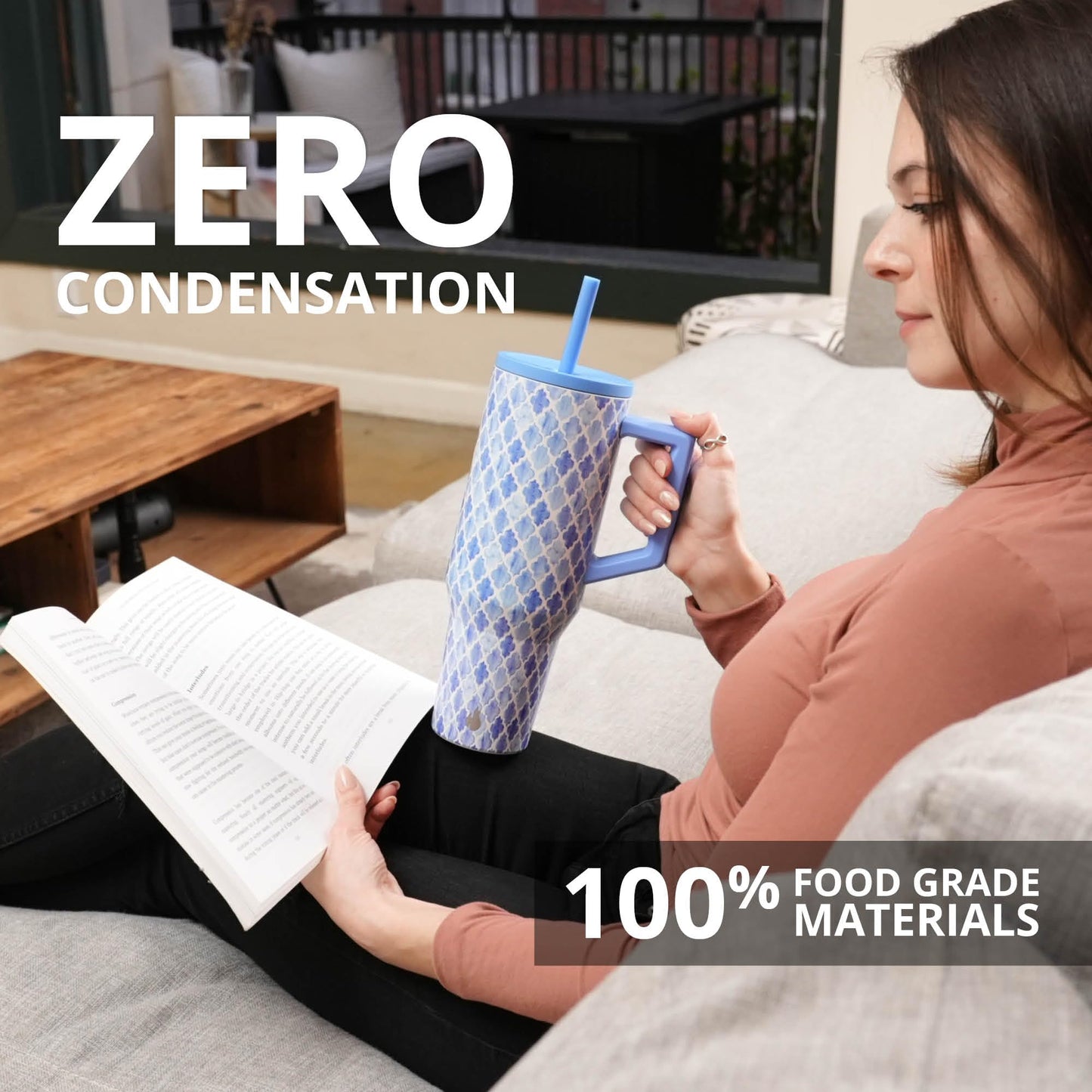 Elemental 40 oz Tumbler with Handle and Straw - Spill Proof Insulated Stainless Steel Commuter for Hot and Cold Beverages - Travel Coffee Mug with 2 Straws & Spill Proof Lid - 40oz - Blue Tile