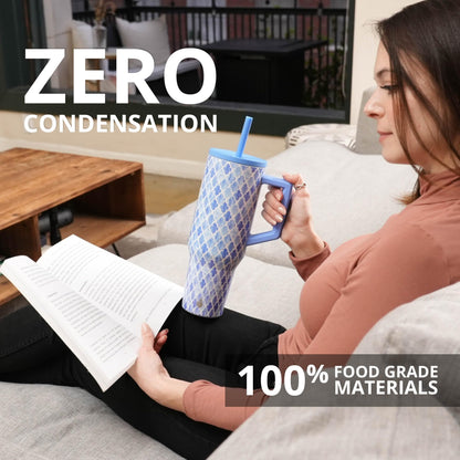 Elemental 40 oz Tumbler with Handle and Straw - Spill Proof Insulated Stainless Steel Commuter for Hot and Cold Beverages - Travel Coffee Mug with 2 Straws & Spill Proof Lid - 40oz - Blue Tile